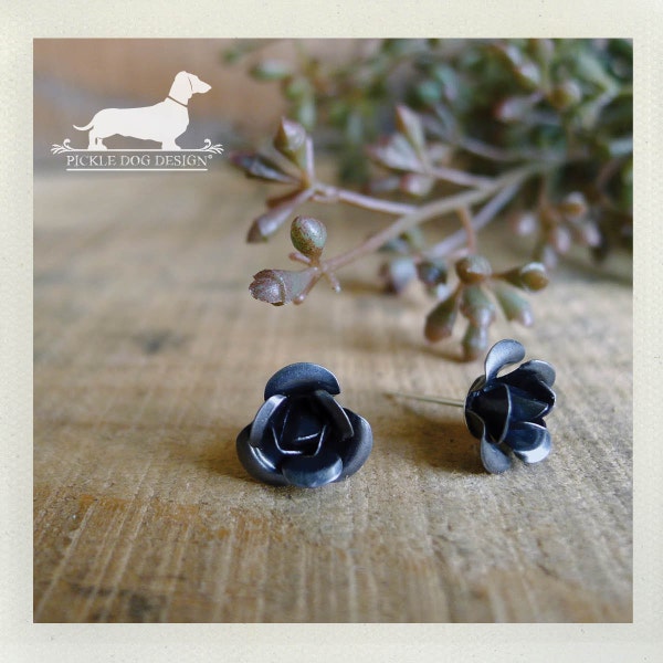 Rustic Rose. Post Earrings -- (Flower, Studs, Silver, Small, Romantic, Feminine, Shabby Chic, Vintage Style, Cute, Bridesmaid Gift Under 10)