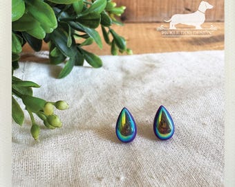 Iridescent Teardrop Post Earrings: Rainbow Shimmer Nickel Free Studs