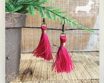 Fuschia Tassel. Dangle Earrings -- (Fringe, Long Earrings, Boho Chic, Modern, Colorful, Tassle Earrings, Statement Earrings, Gift Under 10)