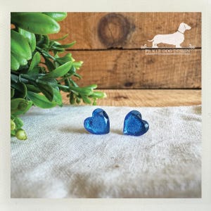 May include: Two blue heart-shaped stud earrings. The earrings are made of a translucent material with a glittery effect. They are displayed on a white fabric surface, with green foliage and a wooden background.