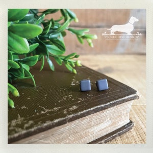 May include: A pair of small, square, gray stud earrings. The earrings are displayed on a vintage book with a distressed cover, next to green foliage. The Pickle Dog Design logo is visible in the background.