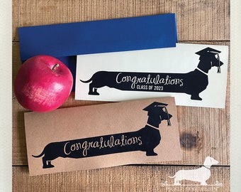 Long Doxie Grad. Note Card -- (Graduation Card, Personalized, Class of 2023, Congrats Grad, Graduate, Dachshund, Vintage-Style, Weiner Dog)
