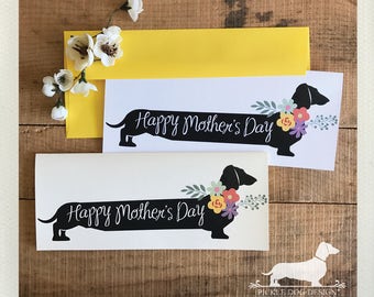 Long Doxie Mom. Note Card -- (Mother's Day Card, For Mom, Dog Mom, New Mom, Flowers, Dog, Cute Dachshund, Vintage-Style, Weiner Dog, Rustic)