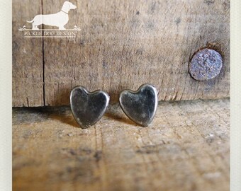 I Heart You. Rustic Silver Heart Post Earrings -- (Love, Antiqued Silver, Simple, Vintage Style, Cute, Valentine Gift, Earrings Under 10)