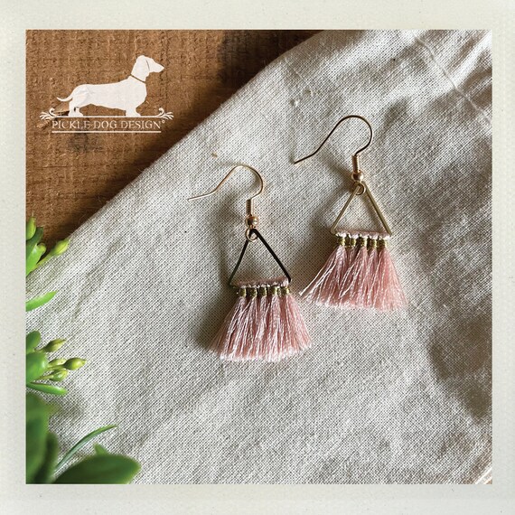 Triangle Pink Tassel. Dangle Earrings