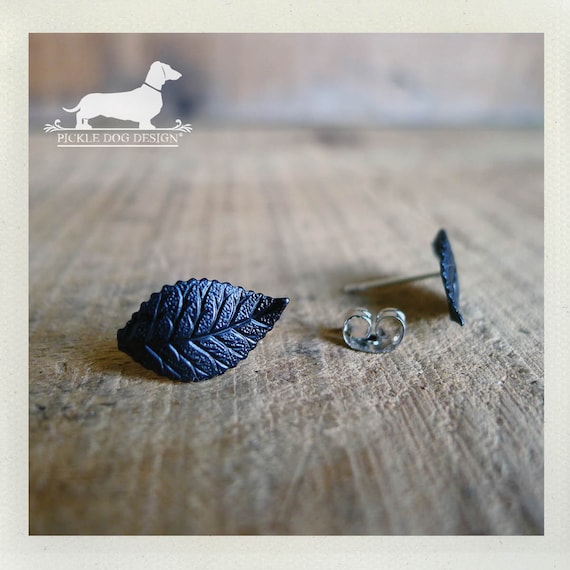 Leafy Lobes. Black Leaf Post Earrings