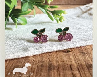 Pink Cherry Post Earrings: Gold Metal Tiny Fruit Studs, Nickel Free