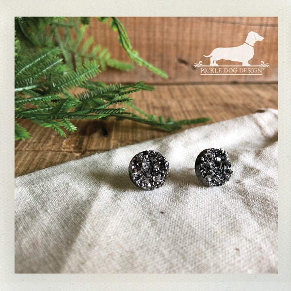 Gunmetal Druzy. Post Earrings -- (Druzy Stone, Druzy Quartz, Vintage-Style, Rustic, Gemstone, Drusy Studs, Crystal, Agate, Gift Under 10)