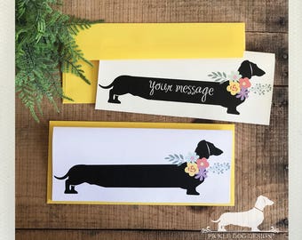 Floral Doxie. Note Card -- (Personalized, Flowers, Girly, Feminine, For Mom, Rustic, Dog, Dachshund, Vintage-Style, Wiener Dog, Weiner Dog)