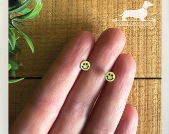 Mini Yellow Smiley Face Post Earrings: Tiny Polymer Clay Studs, Nickel Free Posts