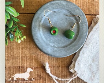 Green Olive Dangle Earrings: Dirty Martini, Food Jewelry, Pimento, Olive Lover Gift, Nickel Free