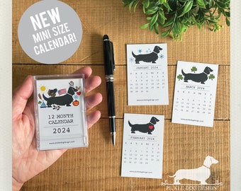 Mini Holiday Doxie. 2024 Desktop Calendar -- (Vintage-Style, Long Hair Dachshund, Wiener Dog, Monthly Dog Calendar, Christmas Gift Under 20)