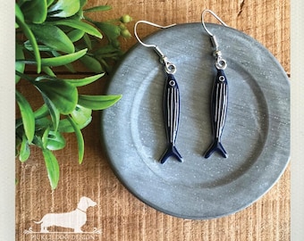 Fish Dangle Earrings: Vintage-Style Nautical Jewelry, Blue and Silver Sardines, Tropical, Nickel Free