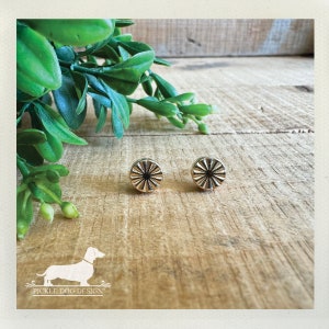 May include: A pair of gold-colored stud earrings with a sunburst design. The earrings are round and sit on a wooden surface, with green foliage in the background. The Pickle Dog Design logo is in the lower left corner.