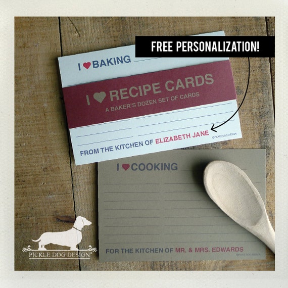 I Heart. Free Personalization. A Baker's Dozen (Qty 13) Set of 4x6 Recipe Cards