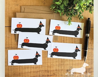 Halloween teckel set van 5 minikaarten: Doxie Trick or Treat-kaarten, cadeaukaartjes