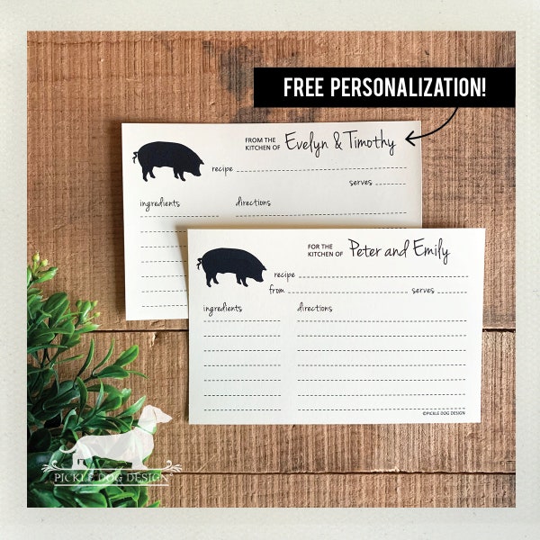 Pig. Free Personalization. A Baker's Dozen (Qty 13) Set of Recipe Cards -- (3x5, 4x6, Rustic, Farm, Cute Wedding Gift, Bridal Shower Favor)