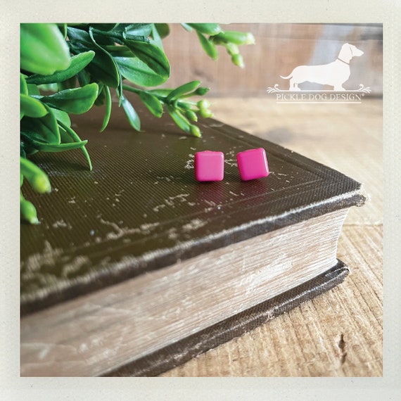 Pink Square. Post Earrings