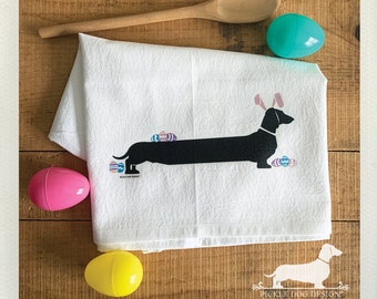 Easter Doxie. Decorative Tea Towel -- (Easter Bunny, Easter Dog, Holiday Kitchen Towel, Dachshund, Vintage-Style, Spring, Housewarming Gift)