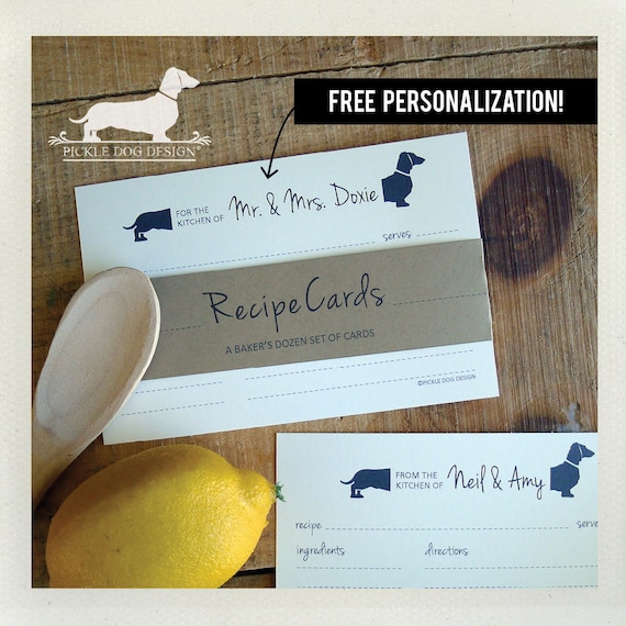 Mr. and Mrs. Doxie. Free Personalization. A Baker's Dozen (Qty 13) Set of 4x6 Recipe Cards