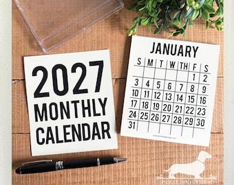 Calendario de escritorio 2027: Cuadrícula mensual minimalista de estilo vintage, ideal para regalar.