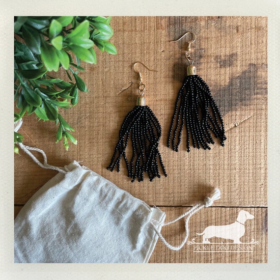 Black Beaded Tassel. Dangle Earrings