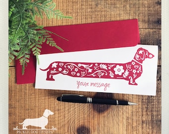 Floral Zen Doxie. Note Card -- (Personalized, Long Dong, Birthday Card, Dog, Dachshund, Vintage-Style, Wiener Dog, Weiner Dog, Valentine)