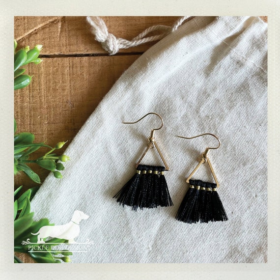 Triangle Black Tassel. Dangle Earrings