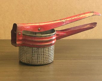 Mid-Century Red Metal Potato Ricer – Farmhouse Kitchen Decor