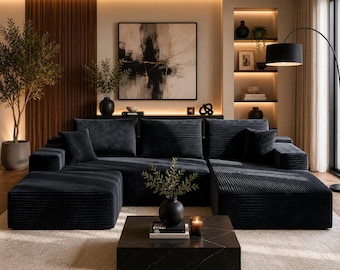 U-Shaped Modular Sofa 274cm | Convertible Sofa Bed | Left Meridian with Ottoman | Deep Seat Sectional | White Boucle Couch