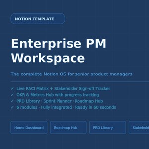 May include: A dark blue graphic with the text "NOTION TEMPLATE" and "Enterprise PM Workspace." The text describes a Notion OS for senior product managers, including features like RACI Matrix, OKR & Metrics Hub, and PRD Library. Additional buttons are visible.