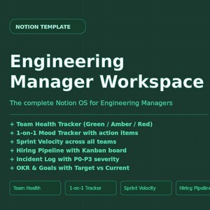 May include: Dark green digital workspace template for Engineering Managers. The text reads "Engineering Manager Workspace" and lists features like team health tracking, sprint velocity, and hiring pipeline. The template is for Notion OS.