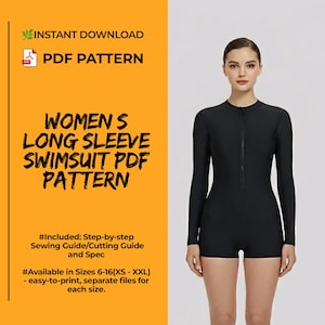 Puede incluir: Una persona modela un traje de baño negro de manga larga con cremallera frontal. La imagen incluye el texto "WOMEN'S LONG SLEEVE SWIMSUIT PDF PATTERN" y "INSTANT DOWNLOAD PDF PATTERN".