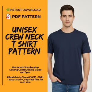 Könnte beinhalten: Ein digitales PDF-Schnittmuster für ein Unisex-T-Shirt mit Rundhalsausschnitt. Die orangefarbene Grafik enthält den Text INSTANT DOWNLOAD, PDF PATTERN, UNISEX CREW NECK T SHIRT PATTERN, Included: Step-by-step Sewing Guide/Cutting Guide and Spec.
