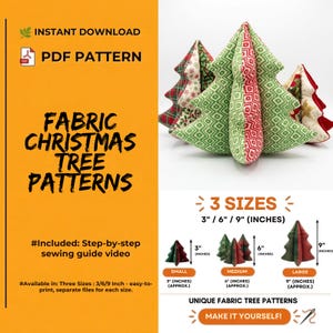 Puede incluir: Un patrón de costura PDF digital para árboles de Navidad de tela en tres tamaños: 7,6 cm, 15,2 cm y 22,9 cm. La imagen muestra árboles de tela terminados con patrones rojos, verdes y blancos, junto con texto sobre la guía de costura incluida.