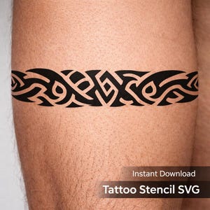 May include: Black tattoo stencil SVG design featuring a symmetrical, intricate tribal pattern. The design is a band of interwoven shapes and lines. The text "Instant Download" and "Tattoo Stencil SVG" is visible at the bottom.
