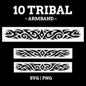 Può includere: Design di bracciali tribali in bianco e nero. L'immagine presenta tre bracciali con motivi intricati. Il testo in alto recita "10 TRIBAL ~ ARMBAND ~" e in basso "SVG | PNG".