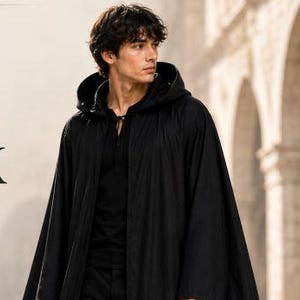 Svart trollkarlsmantel med huva, trollkarlsmantel, fantasy LARP-kostym