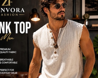Men White Sleeveless Tank Top Linen Summer Shirt | Breathable Premium Vest for Gym Beach Casual - Zenvora Fashion