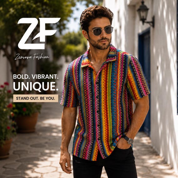 Men’s Crochet Festival Camp Collar Shirt, Tribal Print Boho Beach Button Up, Retro Summer Vacation Casual Outfit for Men