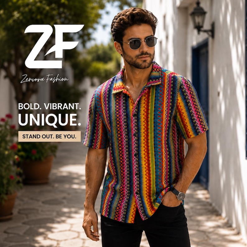 May include: A man wearing a colorful, short-sleeved button-down shirt with vertical stripes in various colors. The shirt is paired with black pants and sunglasses. The image includes the text "ZF Zercova Fashion BOLD. VIBRANT. UNIQUE. STAND OUT. BE YOU."