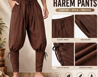 Men Harem Pants Linen Trousers Boho Hippie Pants Men Festival Wear Drop Crotch Baggy Wide Leg Trousers Yoga Lounge Pants