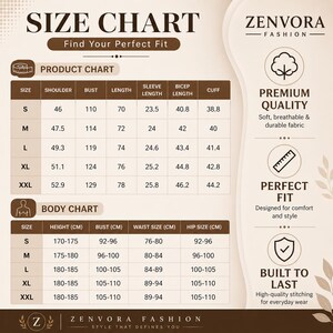 May include: A size chart from Zenvora Fashion, with measurements for clothing sizes S to XXL. Includes product and body charts, detailing shoulder, bust, length, sleeve, bicep, and cuff measurements in centimeters, along with height, waist, and hip sizes.