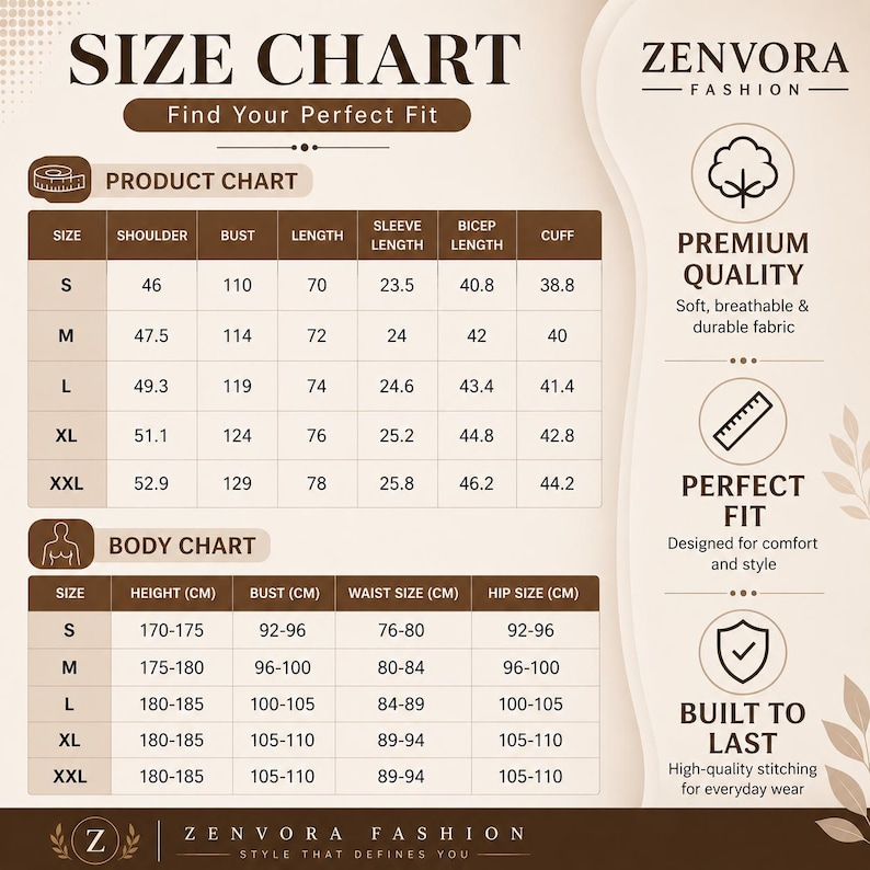 May include: A size chart from Zenvora Fashion, with measurements for clothing sizes S to XXL. Includes product and body charts, detailing shoulder, bust, length, sleeve, bicep, and cuff measurements in centimeters, along with height, waist, and hip sizes.