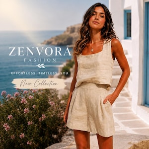 May include: A woman wearing a beige linen top and shorts set. The top has a square neckline, and the shorts have a pleated front. The image includes the text "ZENVORA FASHION" and "New Collection". The background features a coastal scene.