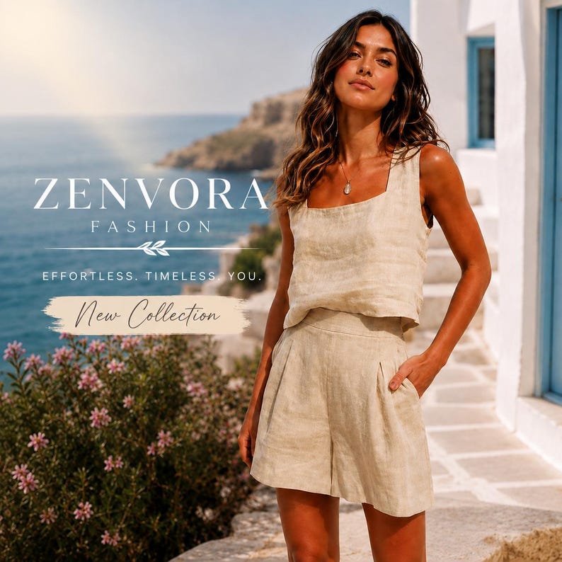 May include: A woman wearing a beige linen top and shorts set. The top has a square neckline, and the shorts have a pleated front. The image includes the text "ZENVORA FASHION" and "New Collection". The background features a coastal scene.