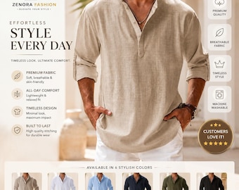 Mens Cotton Shirt Casual Summer Beach Shirt Lightweight Breathable Vacation Shirt Long Sleeve Henley Relaxed Fit Gift for husband