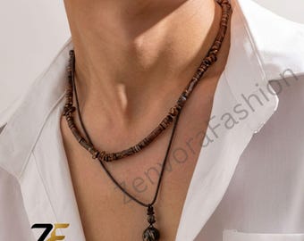 Beschermingsketting voor mannen, hanger tijgeroog bol, aandenken Mori-sieraden, herenchoker met houten kralen, waterdichte mannenketting