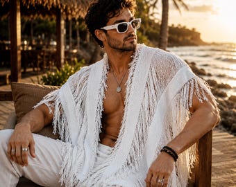 Men's Crochet Poncho Black – Festival Wear, Fringe Jacket, Alpaca Poncho Style, Boho Beach Kimono Robe