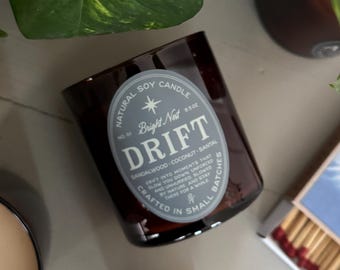 Drift | Small Batch Soy Candle | Amber Jar Candle | Clean Burning | Handmade in the Midwest | Sandalwood-Coconut-Santal